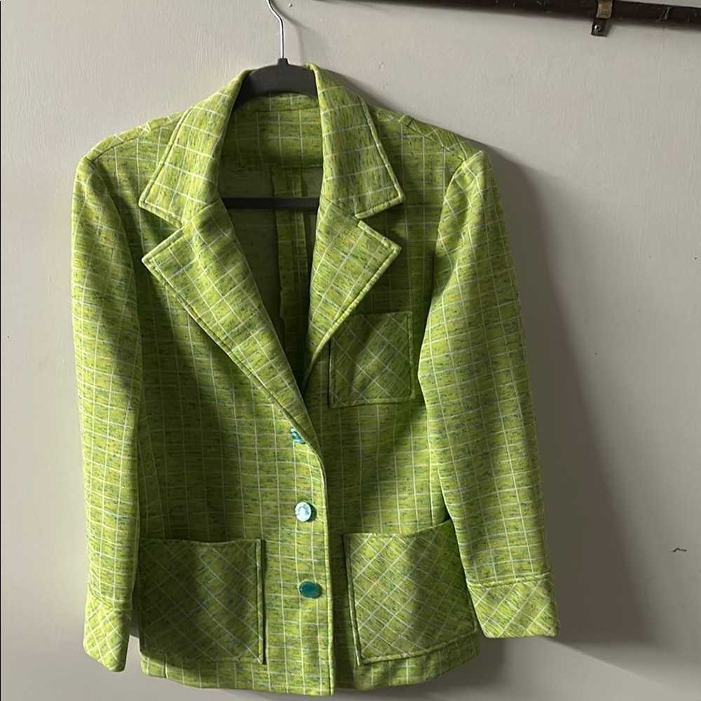 Stylish Vintage Handmade Green Plaid Women's Jacket size S. Polyester.